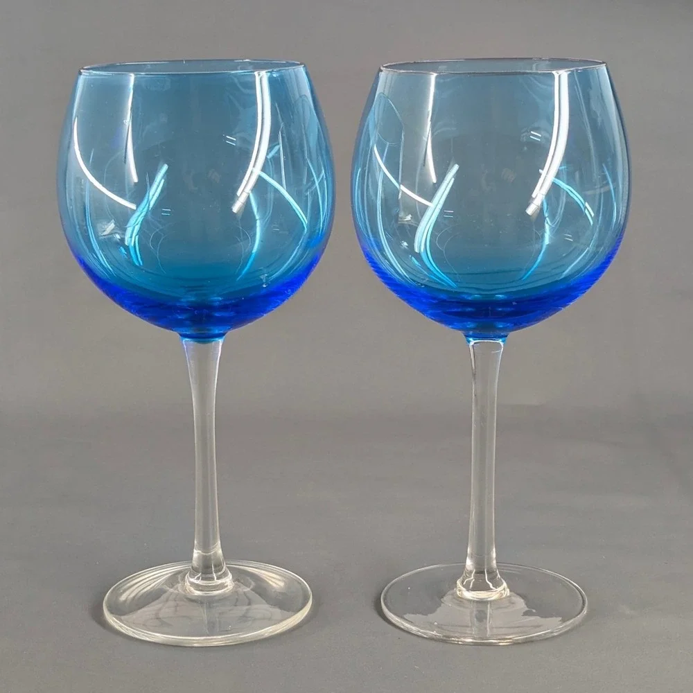 Set of 2 Blue Balloon Wine Glasses Clear Stem 8.75